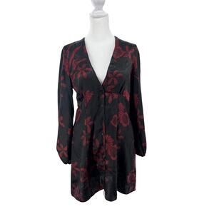 Zara Black Red Floral Button Front Dress Long Sleeve Mini Size S
